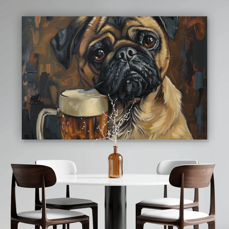Aluminiumbild Abstrakter Mops mit Bierglas Querformat