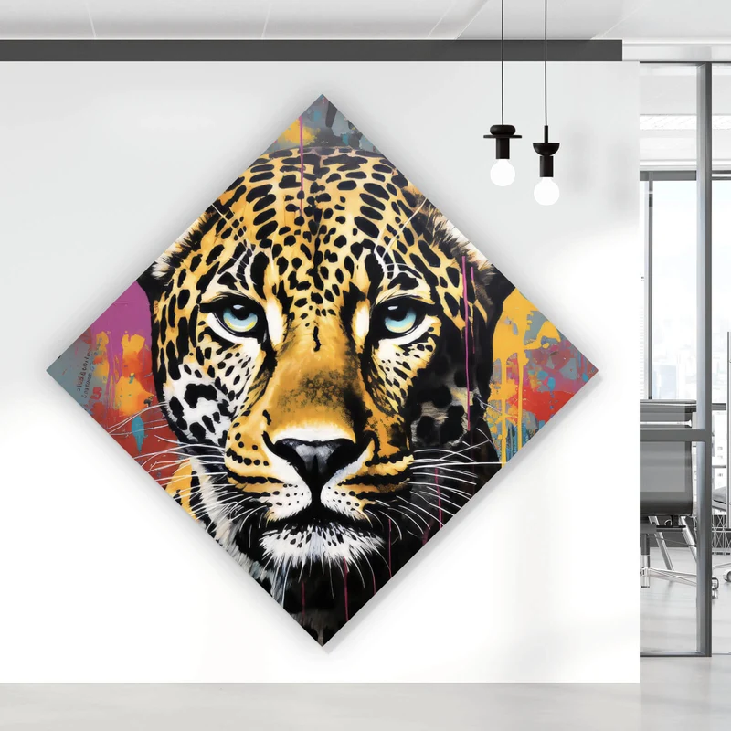 Leinwandbild Buntes Graffiti eines Leoparden Portrait Raute