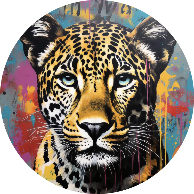 Aluminiumbild gebürstet Buntes Graffiti eines Leoparden Portrait Kreis
