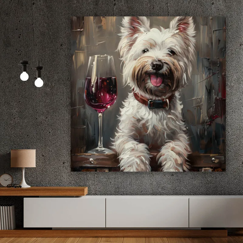 Aluminiumbild Weißer Terrier mit Weinglas Quadrat