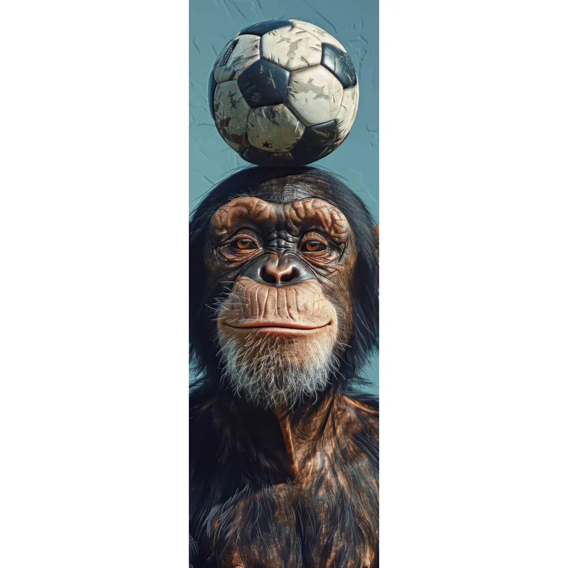 Poster Frecher Schimpanse mit Fußball Panorama Hoch