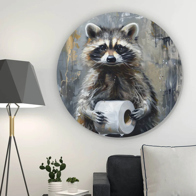 Aluminiumbild Waschbär mit Toilettenpapier Kreis