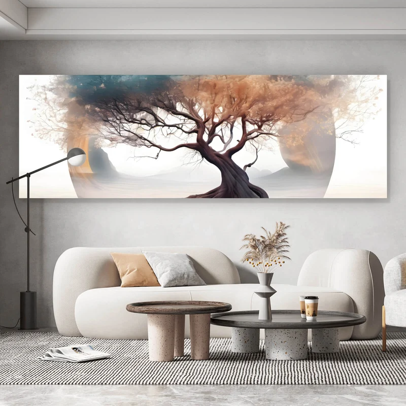 Aluminiumbild gebürstet Surrealer Baum im Nebel Panorama