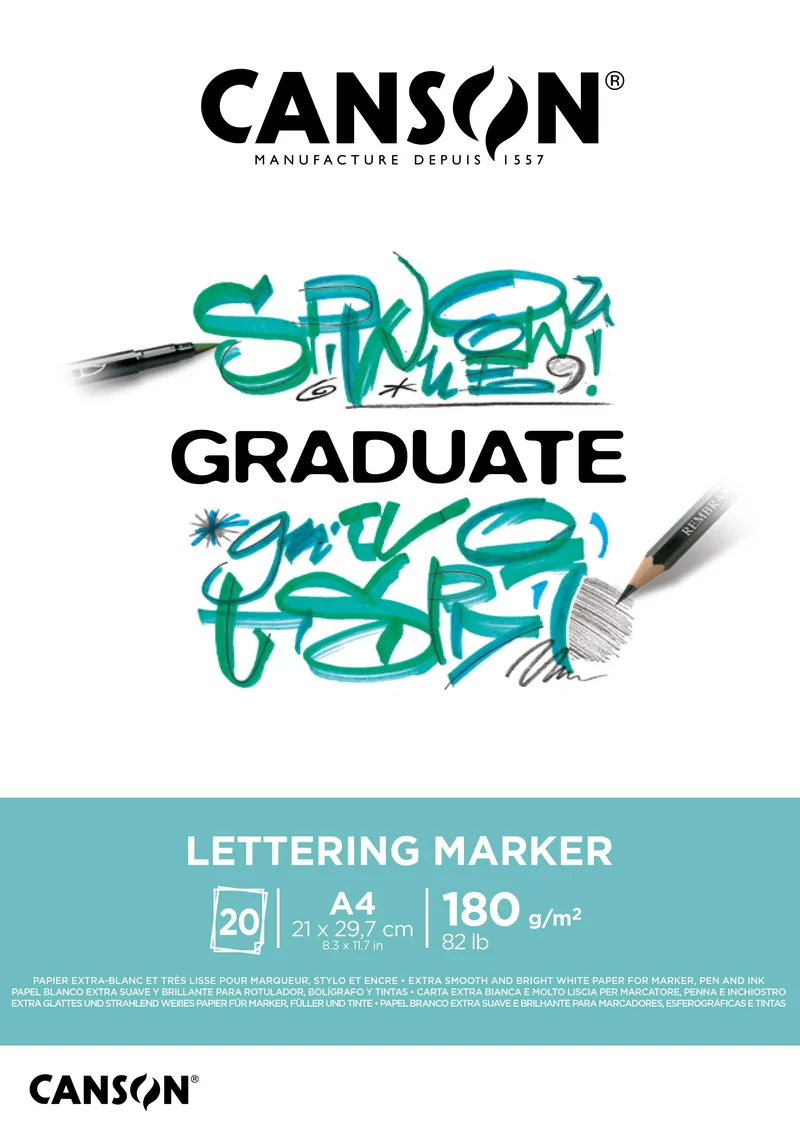 Скицник за летеринг и маркери CANSON Graduate Lettering Marker 180 g/m² - A4, 20 листа