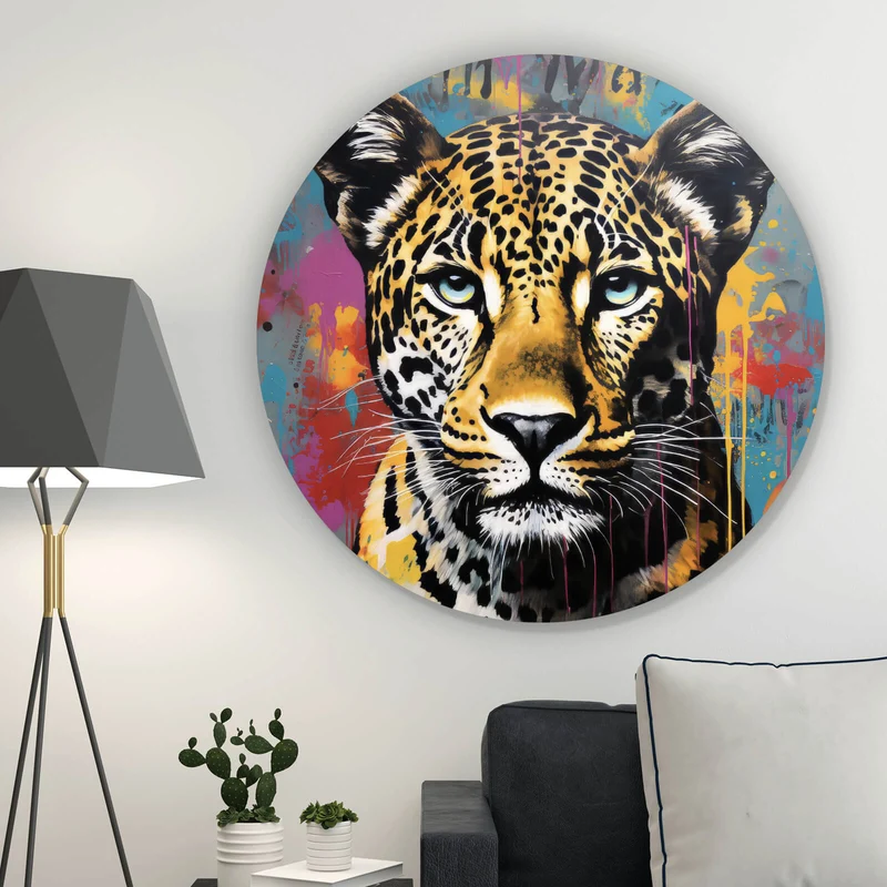 Aluminiumbild Buntes Graffiti eines Leoparden Portrait Kreis