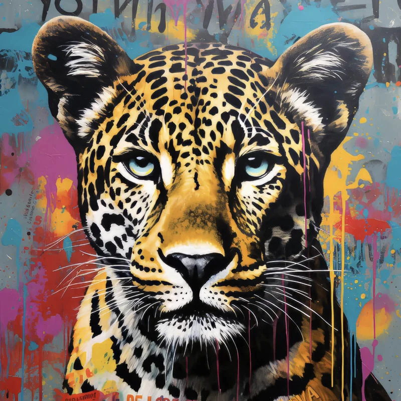 Acrylglasbild Buntes Graffiti eines Leoparden Portrait Quadrat