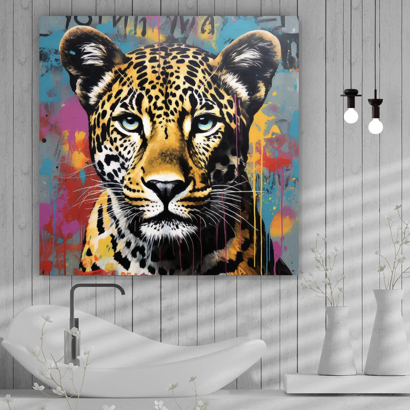 Aluminiumbild Buntes Graffiti eines Leoparden Portrait Quadrat