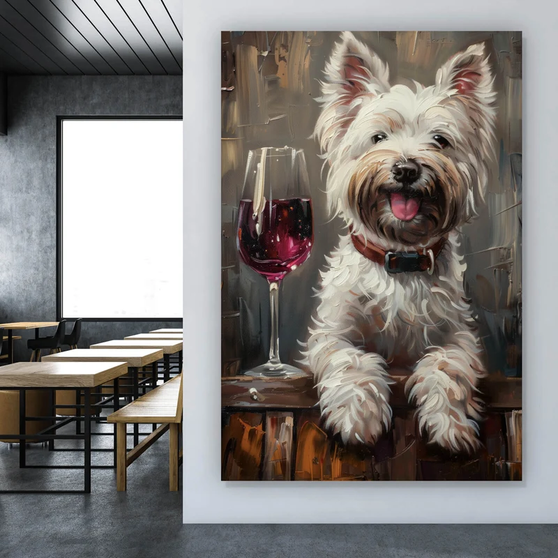 Aluminiumbild Weißer Terrier mit Weinglas Hochformat