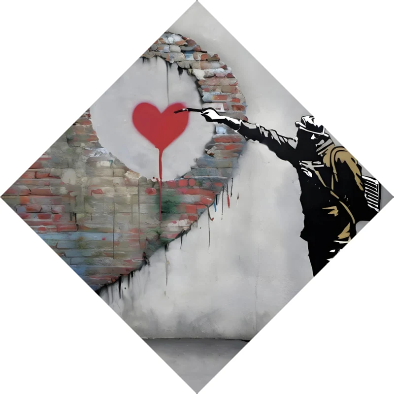 Aluminiumbild Banksy großes Herz Street Art Raute