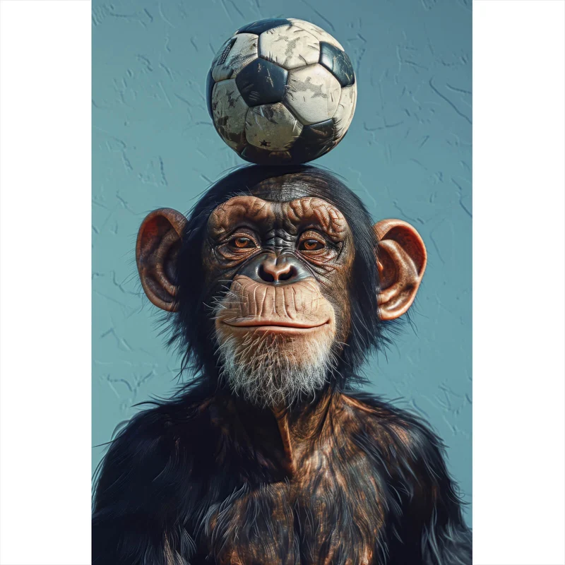 Leinwandbild Frecher Schimpanse mit Fußball Hochformat