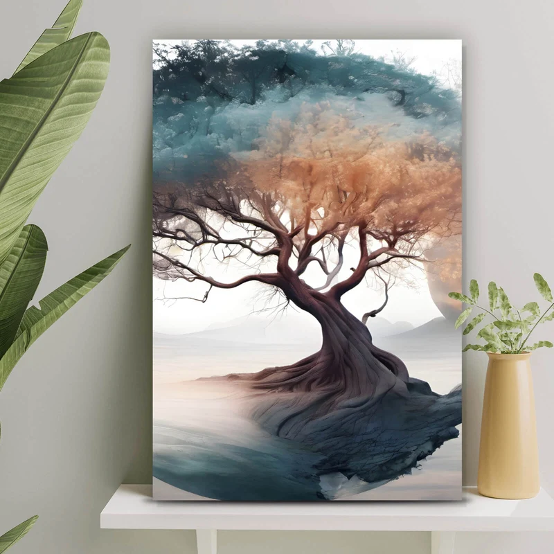 Poster Surrealer Baum im Nebel Hochformat
