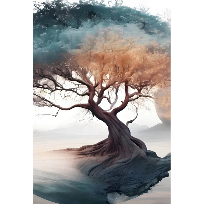 Poster Surrealer Baum im Nebel Hochformat