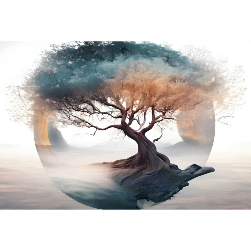 Spannrahmenbild Surrealer Baum im Nebel Querformat