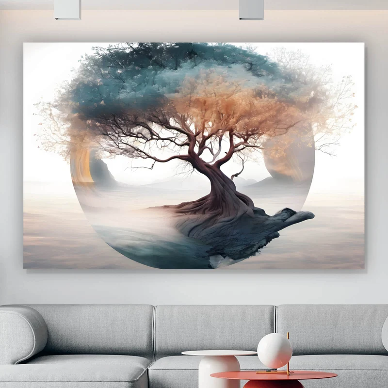 Aluminiumbild Surrealer Baum im Nebel Querformat