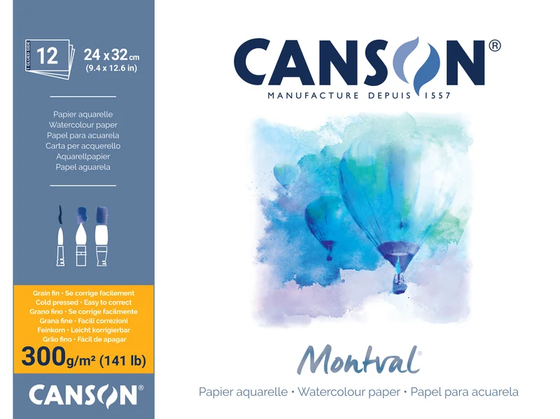 CANSON Montval akvarelni blok CP 300 g/m² - 12 listov, 24 x 32 cm, lepljen