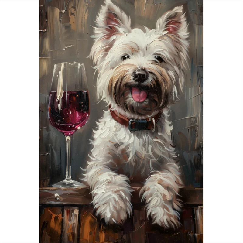 Leinwandbild Weißer Terrier mit Weinglas Hochformat