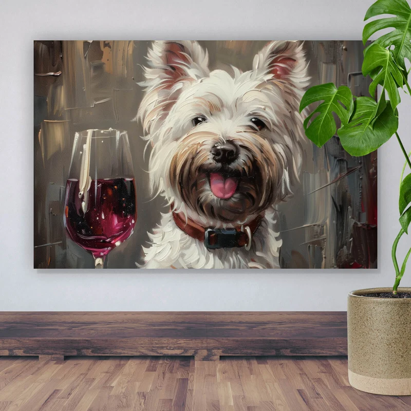 Leinwandbild Weißer Terrier mit Weinglas Querformat