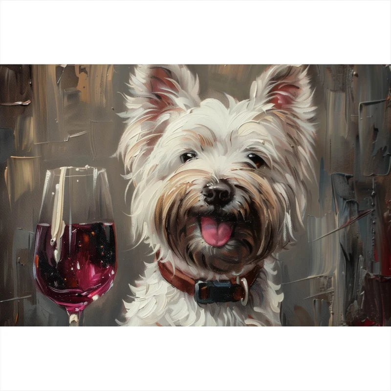 Leinwandbild Weißer Terrier mit Weinglas Querformat