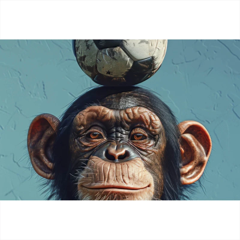 Leinwandbild Frecher Schimpanse mit Fußball Querformat