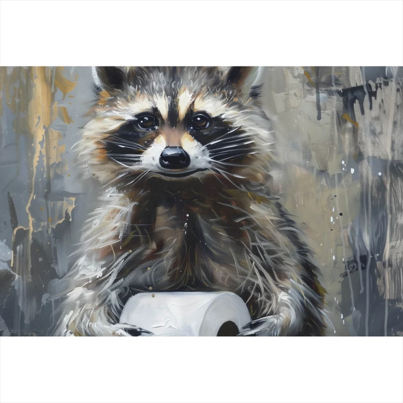 Aluminiumbild Waschbär mit Toilettenpapier Querformat