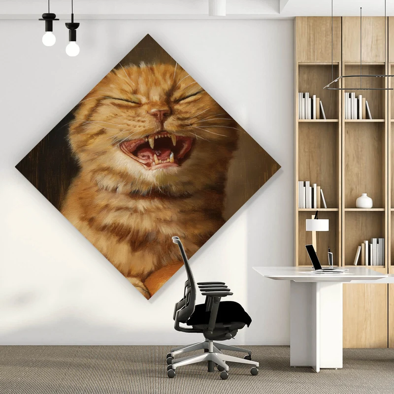 Aluminiumbild Katze mit Burger Zeichenstil Raute