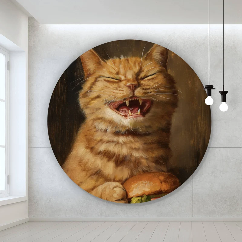 Aluminiumbild Katze mit Burger Zeichenstil Kreis