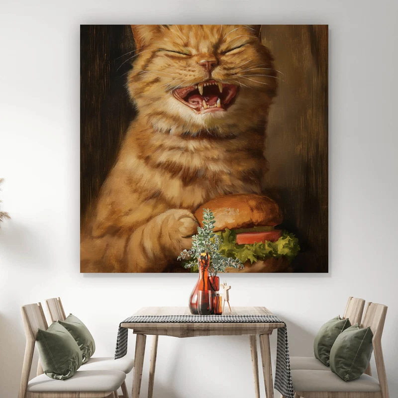 Aluminiumbild gebürstet Katze mit Burger Zeichenstil Quadrat