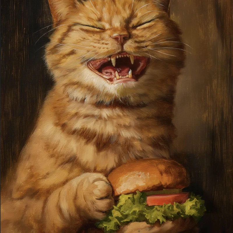 Leinwandbild Katze mit Burger Zeichenstil Quadrat