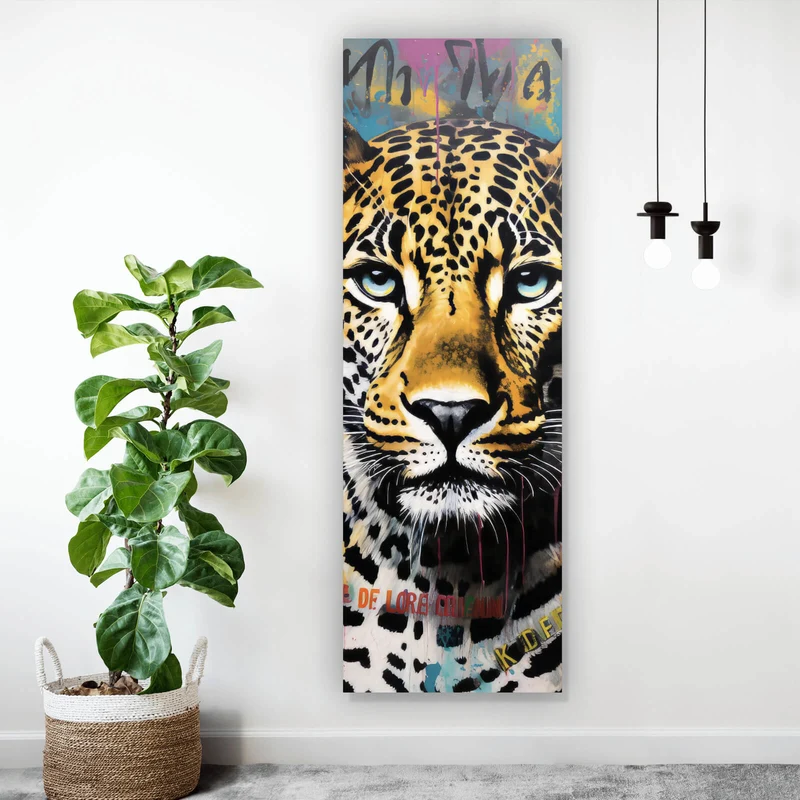 Aluminiumbild Buntes Graffiti eines Leoparden Portrait Panorama Hoch