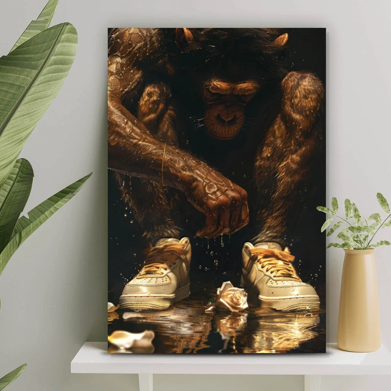Leinwandbild Muskulärer Affe mit goldenen Sneaker Hochformat