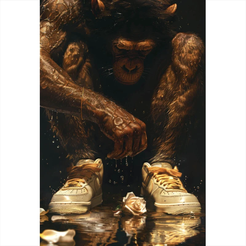 Poster Muskulärer Affe mit goldenen Sneaker Hochformat