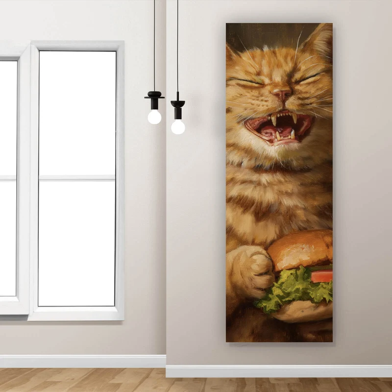 Aluminiumbild gebürstet Katze mit Burger Zeichenstil Panorama Hoch
