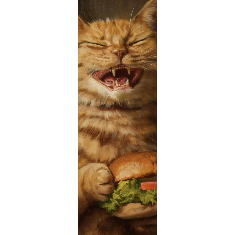 Leinwandbild Katze mit Burger Zeichenstil Panorama Hoch