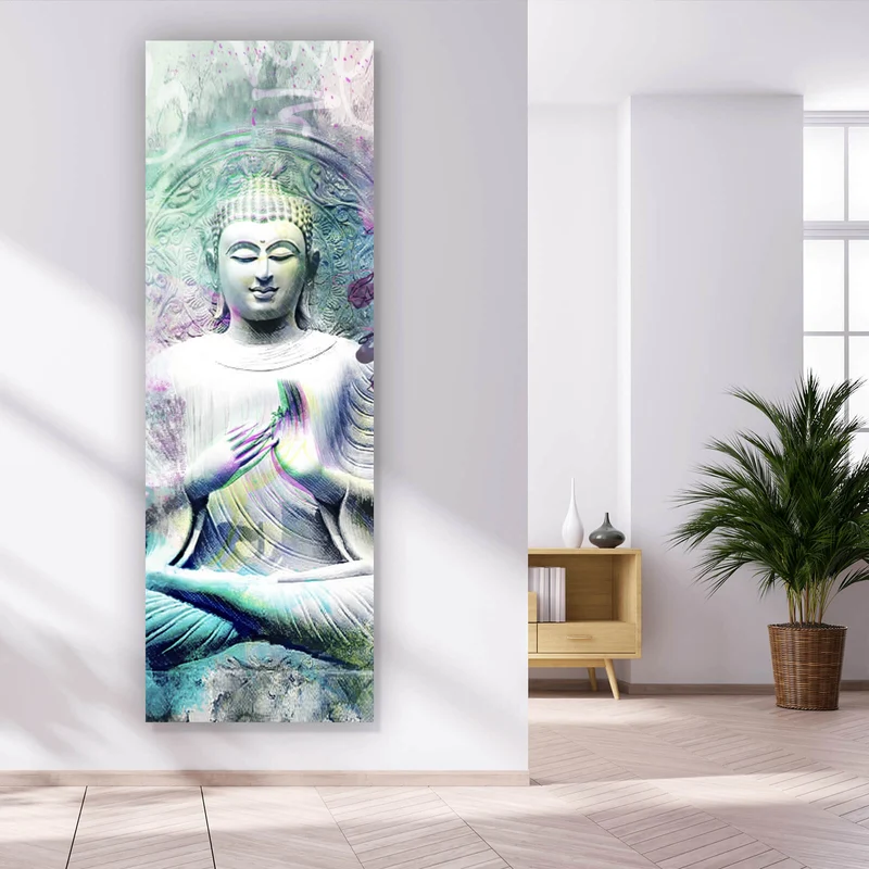 Aluminiumbild gebürstet Buddhafigur im Pop Art Stil Panorama Hoch
