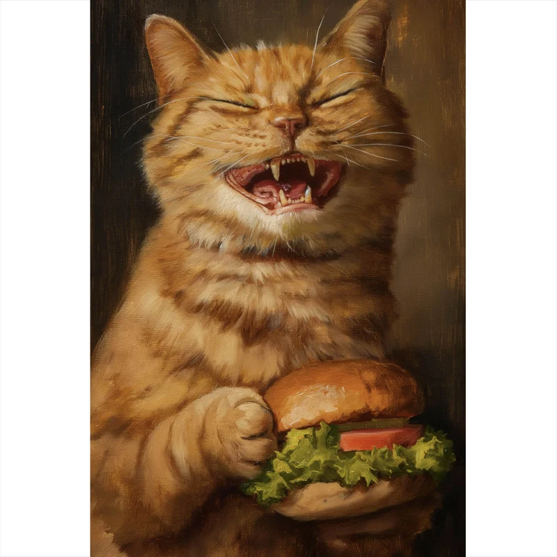 Spannrahmenbild Katze mit Burger Zeichenstil Hochformat