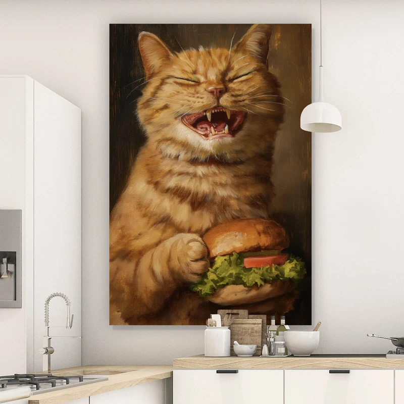 Leinwandbild Katze mit Burger Zeichenstil Hochformat