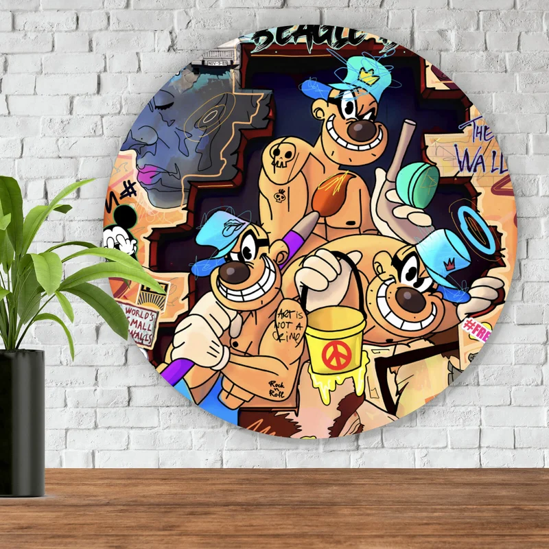 Aluminiumbild gebürstet Collage Comicfiguren Pop Art Kreis