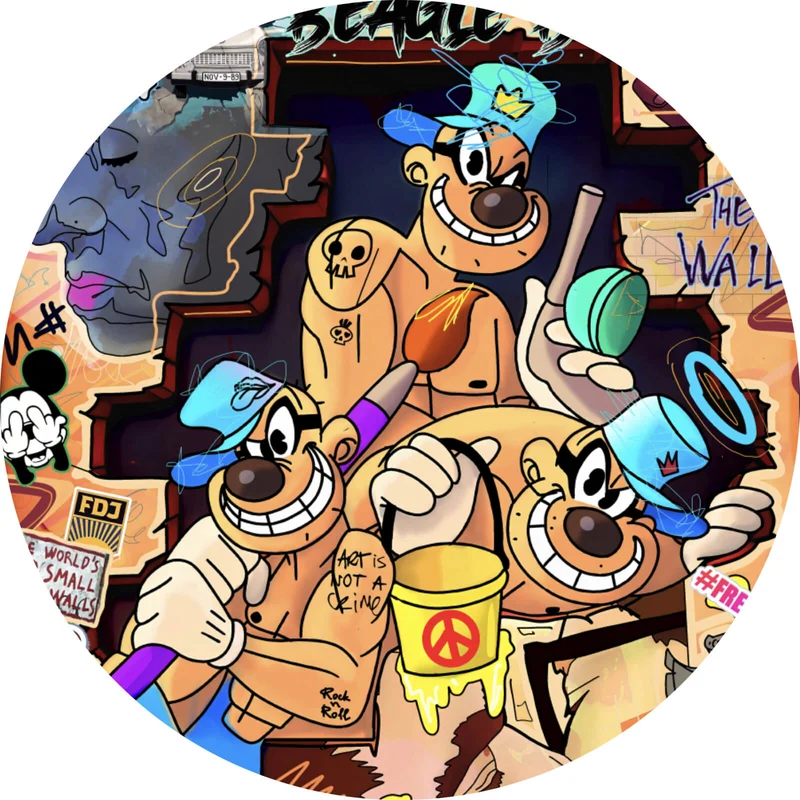 Aluminiumbild Collage Comicfiguren Pop Art Kreis