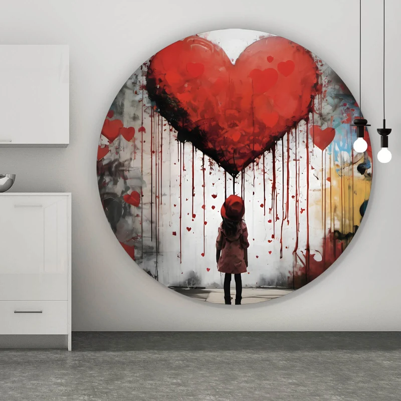 Aluminiumbild Mädchen mit Herz Street Art Kreis
