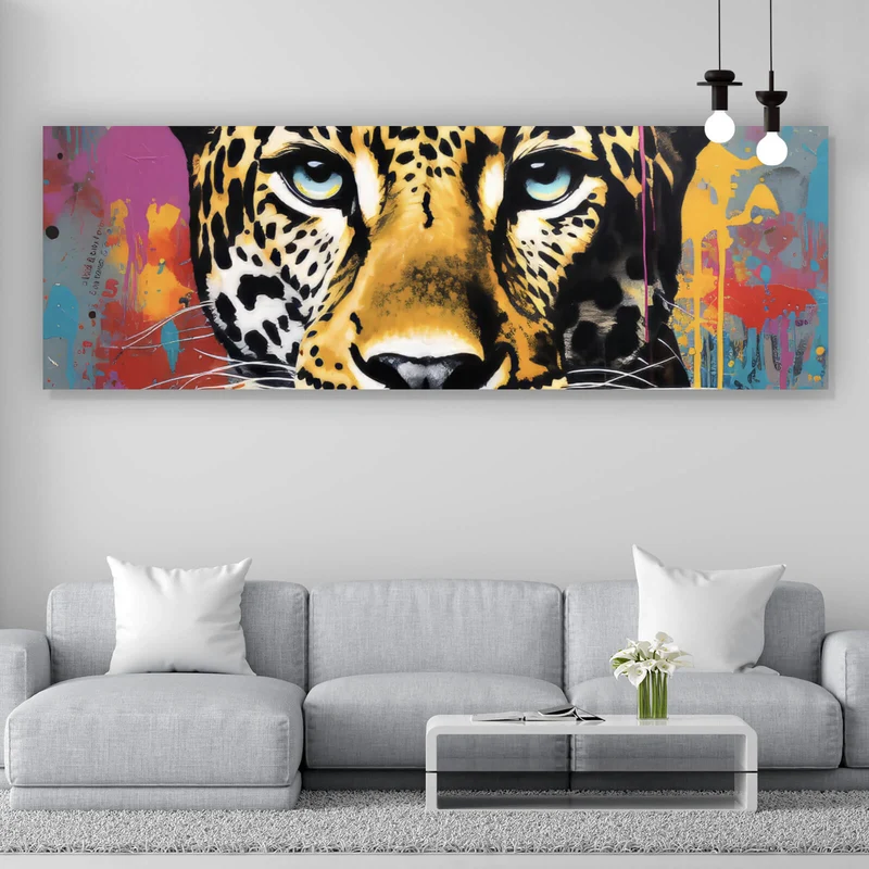 Aluminiumbild gebürstet Buntes Graffiti eines Leoparden Portrait Panorama