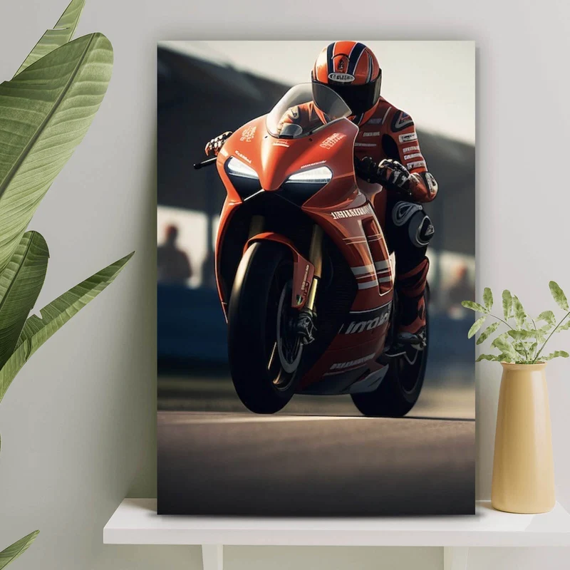 Spannrahmenbild Motorradfahrer auf Rennstrecke bei hoher Geschwindigkeit Hochformat