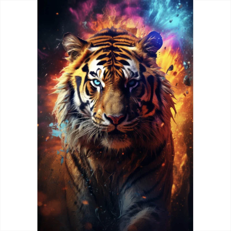 Aluminiumbild gebürstet Tiger Portrait mit dynamischen Hintergrund Hochformat