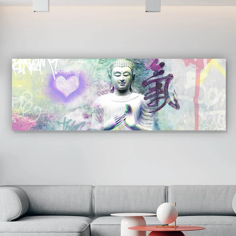 Aluminiumbild gebürstet Buddhafigur im Pop Art Stil Panorama