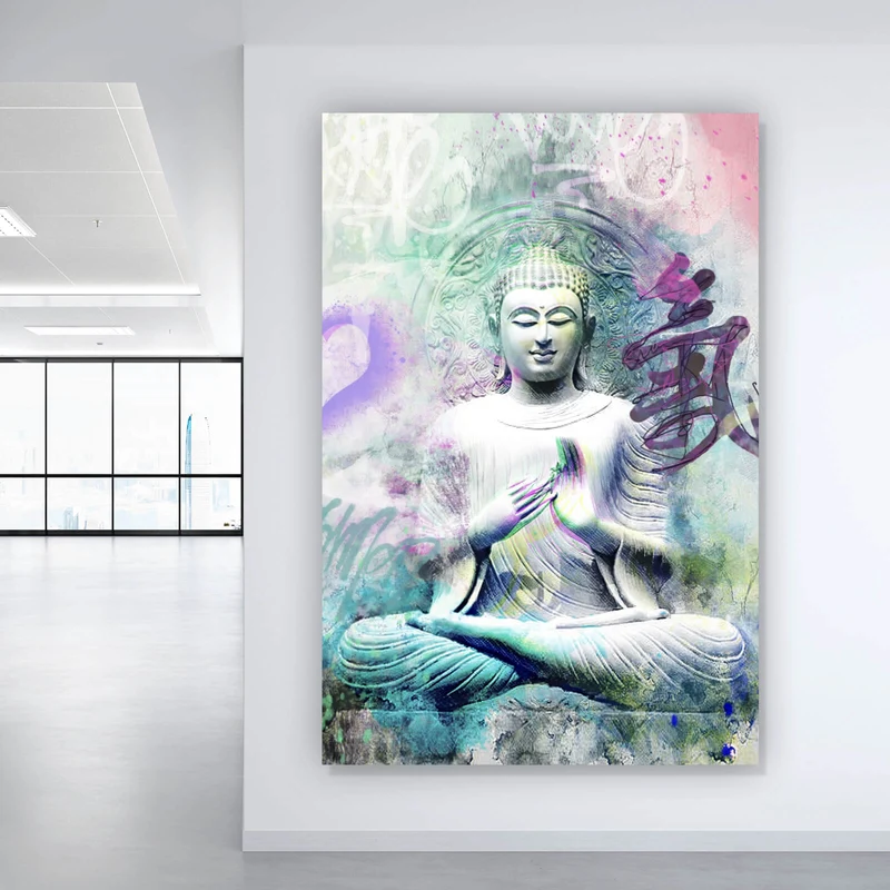 Aluminiumbild gebürstet Buddhafigur im Pop Art Stil Hochformat
