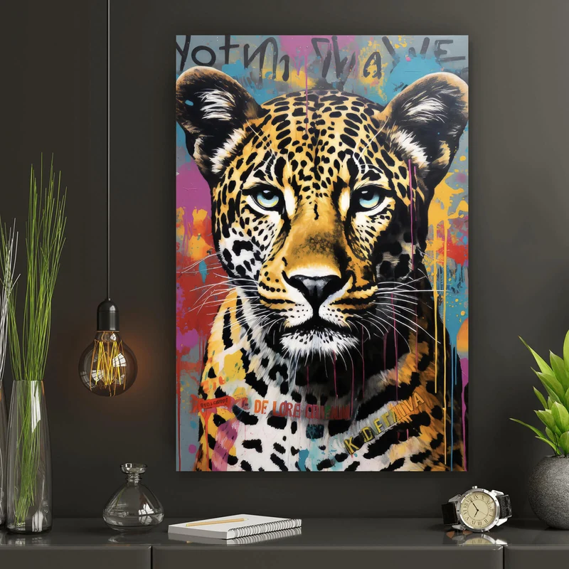 Leinwandbild Buntes Graffiti eines Leoparden Portrait Hochformat