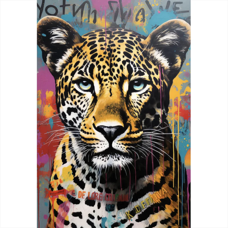 Leinwandbild Buntes Graffiti eines Leoparden Portrait Hochformat