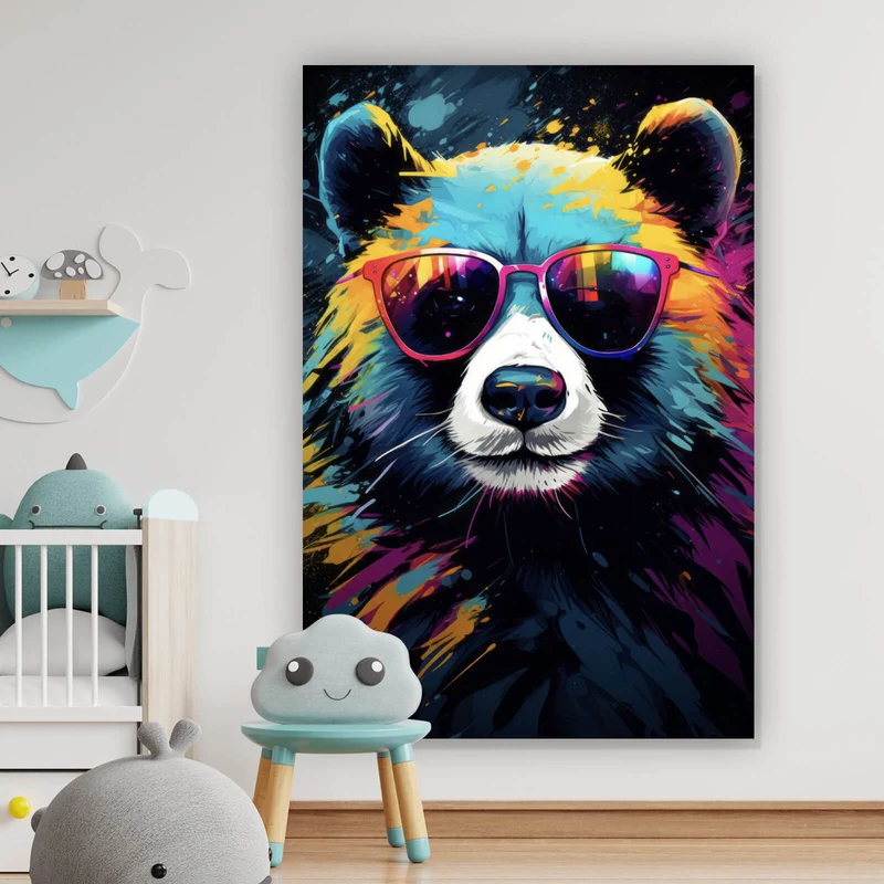 Aluminiumbild Bunter Panda mit Sonnenbrille Street Art Hochformat