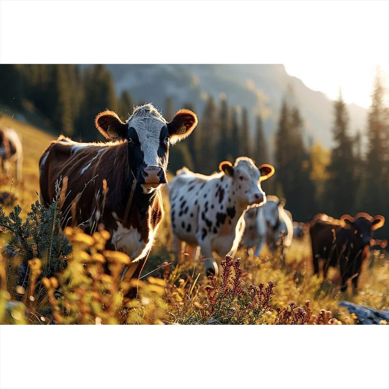 Spannrahmenbild Kühe grasen friedlich auf sonniger Bergwiese Querformat