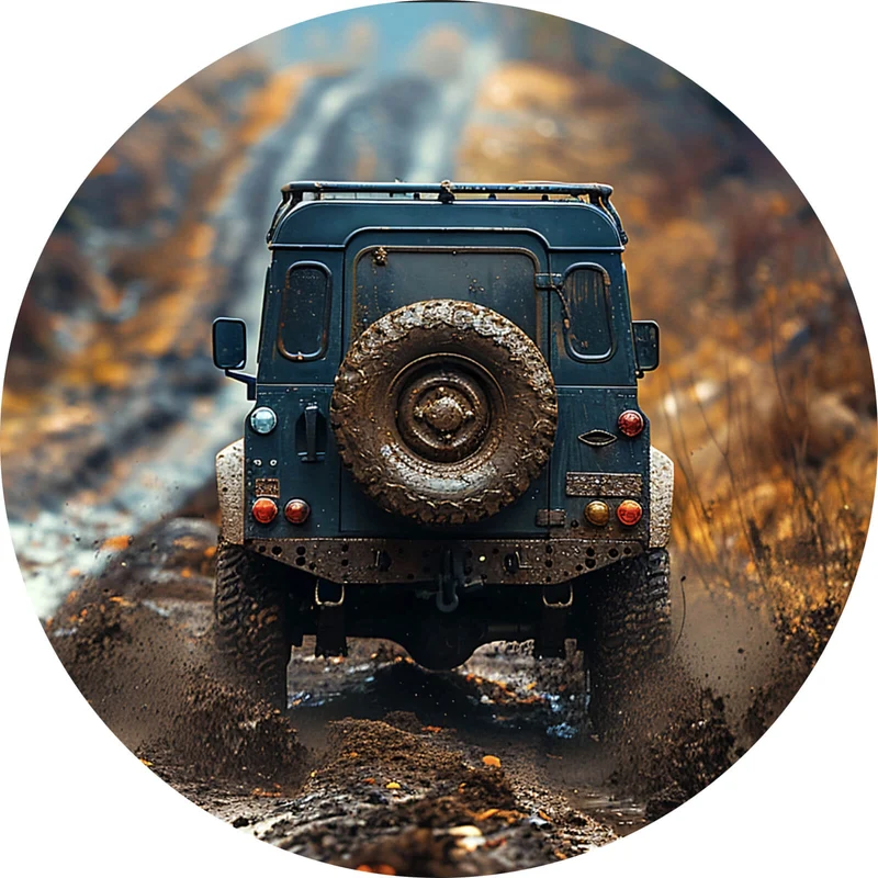 Aluminiumbild Geländewagen fährt auf schlammigen Waldweg Kreis