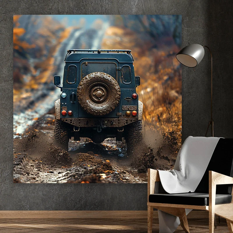 Spannrahmenbild Geländewagen fährt auf schlammigen Waldweg Quadrat
